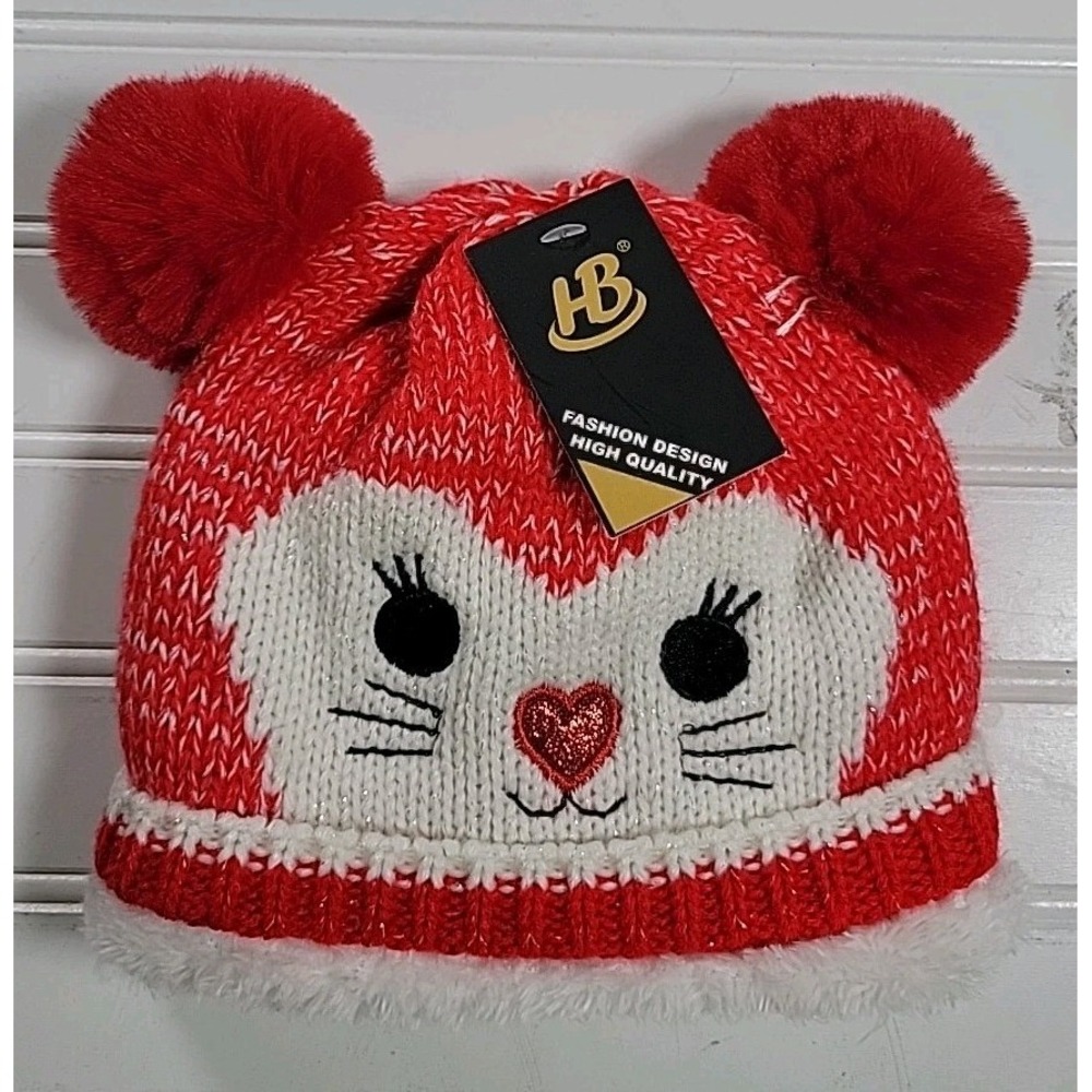 Cat Kitten Beanie‎ Winter Hat Red White One Size Girls Ears Pom Poms Nwt